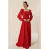 Square Neck Waist Belt Lined Chiffon Long Dress