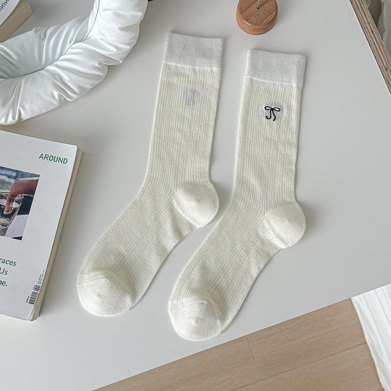 24 Spring And Summer Thin Striped Women'S Socks Bow Embroidered Medium Tube Socks Children Japanese Sweet Stockpile Socks