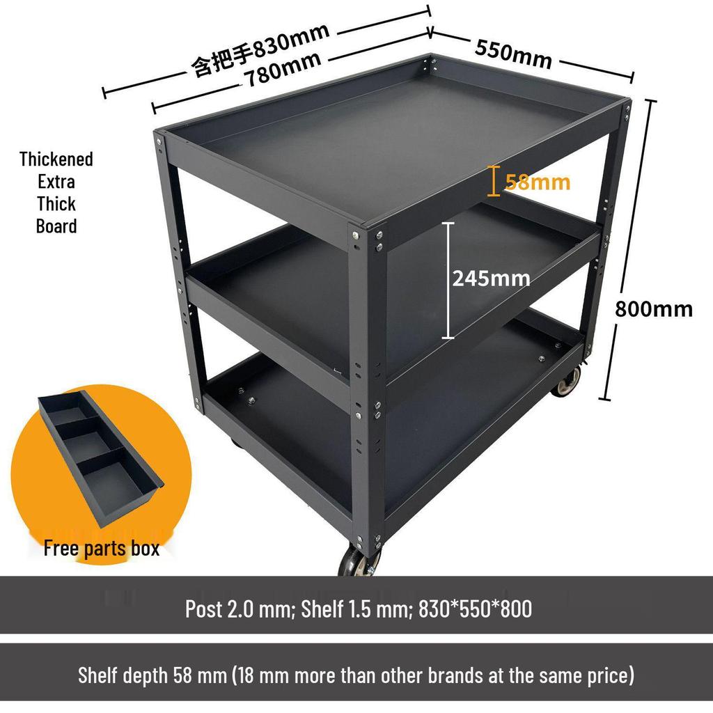 Three-Tier Hand Push Tool Cart for Auto Repair and Maintenance, Multi-functional Mobile Parts Storage Shelf