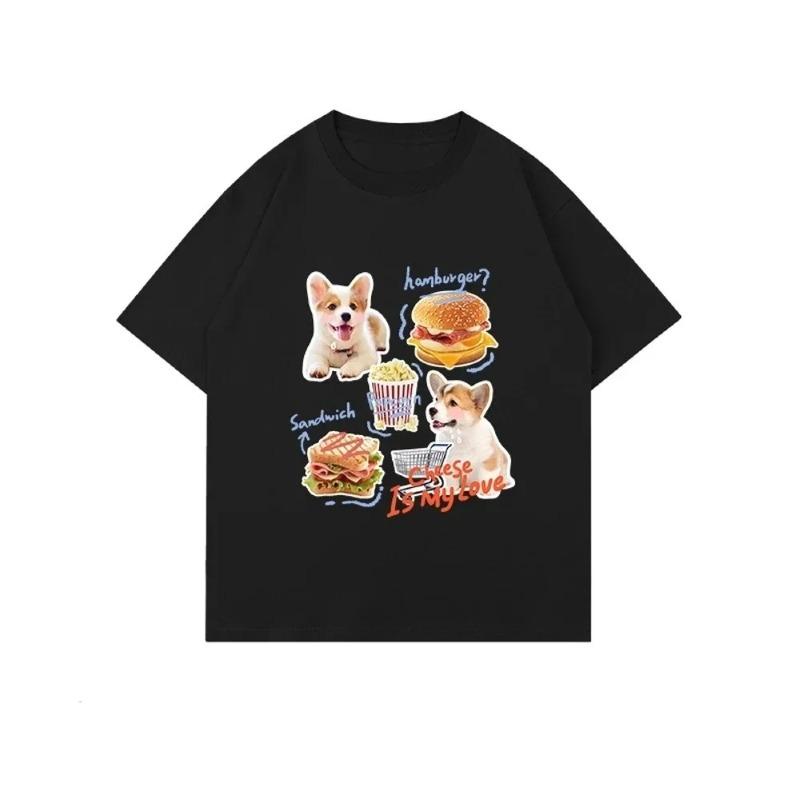 Cute Foodie Cat Print T-Shirt Casual Crew Neck Cat Graphic Tee Funny Trendy Food Lover Cat Streetwear T-Shirt