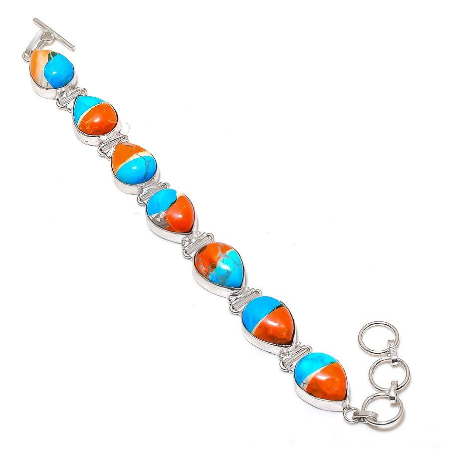 Natural Spiny Oyster Gemstone Handmade 925 Sterling Silver Bracelet 7-8" ETC-14473