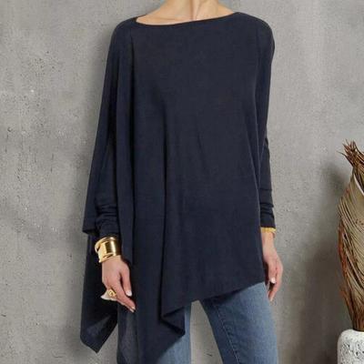 O-Neck Long Sleeves Solid Color T-shirt Women Casual Irregular Hem Mid-length Pullover