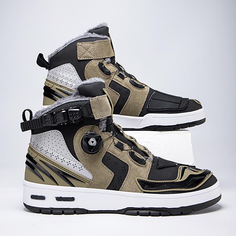 Autumn/Winter UNISEX Plus Velvet Motorcycle Boots Large Size Rotating Buttons Deoxy Leather Anti -sliding Collision Ride Boots Sneaker for Men