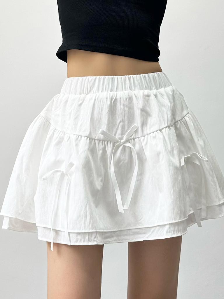 Cute Bow Mini Skirt with Shorts Women's Y2K Sweet Style Cake Skirt Ruffle Elastic Waist Fashion Female Clothing
