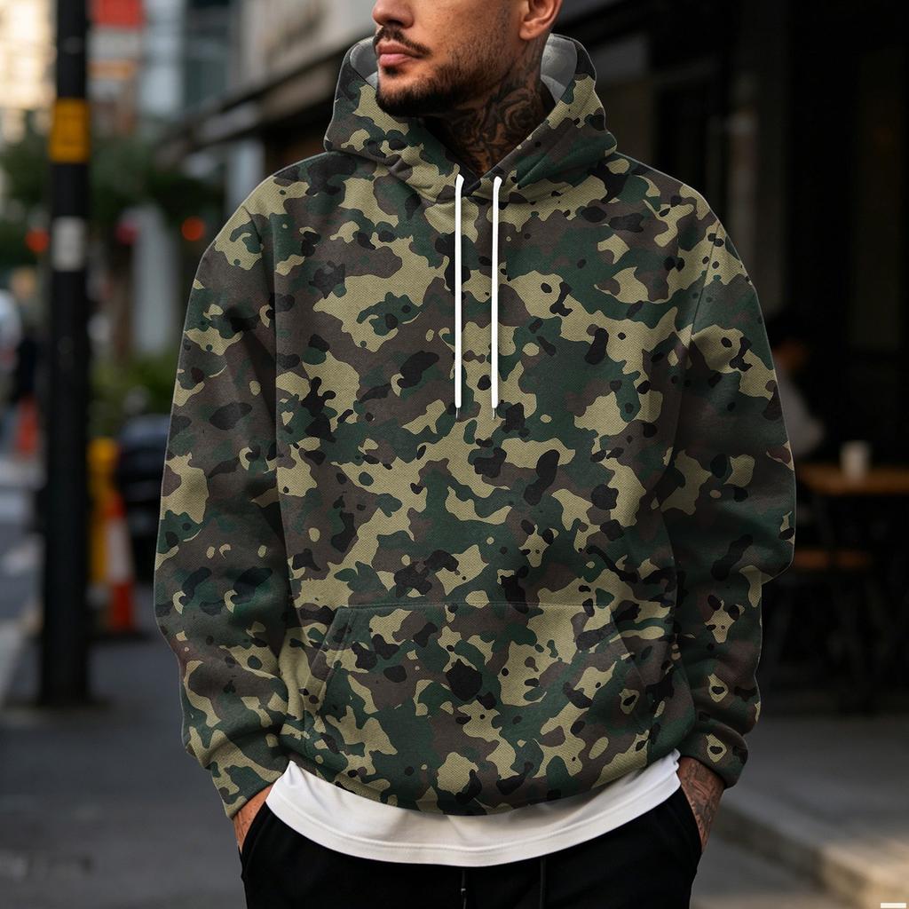 Men's Casual Hoodie with Retro Patchwork Print and Single Pocket