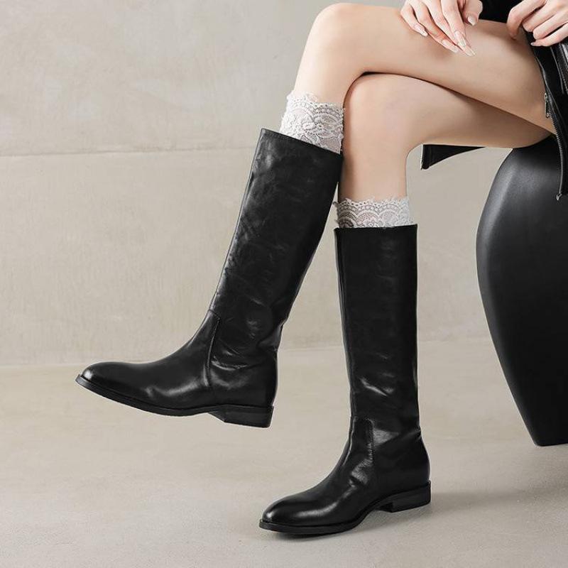Autumn and winter women's leather knight boots middle heel square heel large size cowhide women's boots sleeve new versatile high boots women