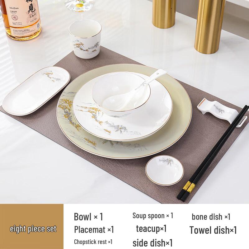 Gold-Rim Zen Mountain & River Ceramic Dinnerware Set
