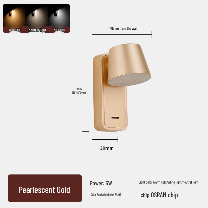 Rotatable LED Bedside Wall Light with Switch for Hotel, Guest Room, or Bedroom Reading.