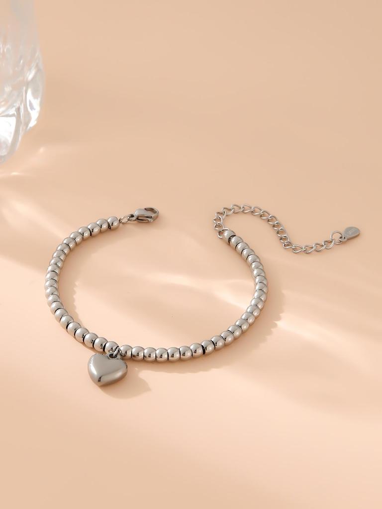 Stainless Steel Heart & Round Bead Gold Bangle Bracelet for Women