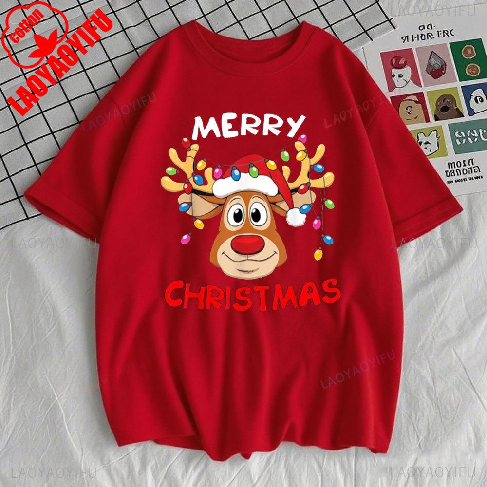 Frohe Weihnachten Rentier Weihnachten Familie Damen T-Shirt Erntedankfest Mode Streetwear O-Ausschnitt Kurzarm Baumwoll-Tops