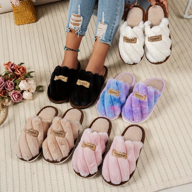 Crisscross Fluffy Home Warm Slippers, Soft Sole Open Toe Plush Lined Cozy Shoes, Non-slip Floor Mute Slippers, Winter & Autumn
