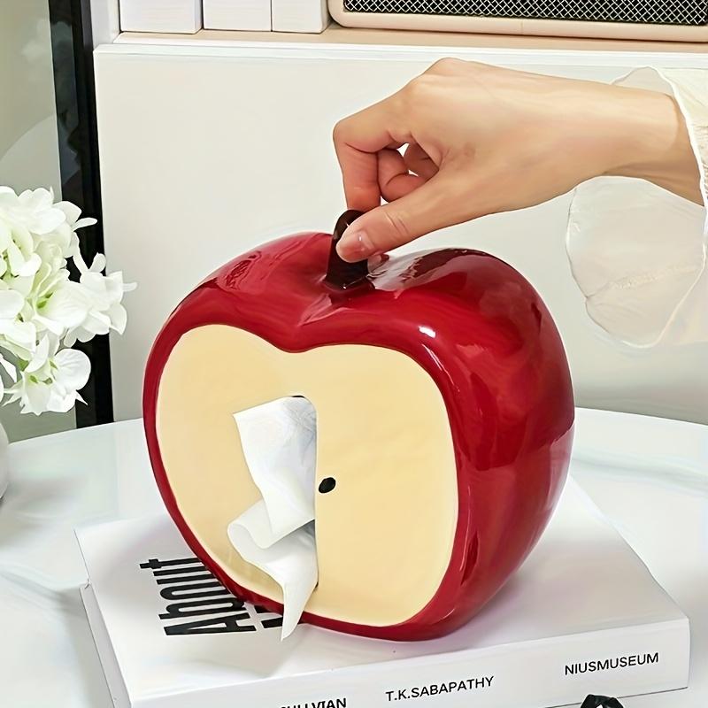 Creative Apple Core Tissue Box Holder ,Whimsical Ceramic Napkin Dispenser with Cute Cartoon Face Design, Decorative Tissue Box for Living Room