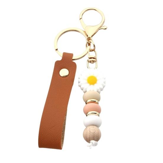 Aesthetic Key Ring Silicone Flower Keychain with Faux Leather Wristlet, Car Lanyard Pendant, Handbag Backpack Charm Wood Beads Bead Wristlet