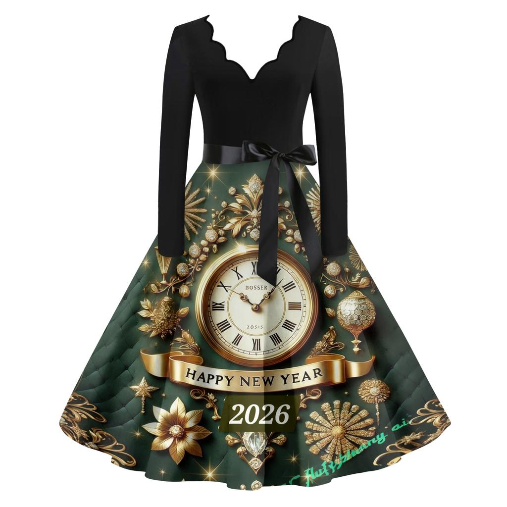 Γυναικείο Casual Μόδα Πρωτοχρονιάτικο Φόρεμα με V Λαιμόκοψη και Vintage Εκτύπωση