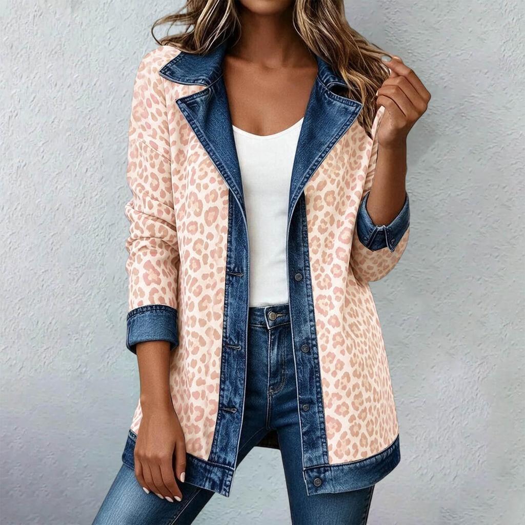 Women's Casual Real Denim Jacket with Leopard Print Patchwork Design for Daily Wear