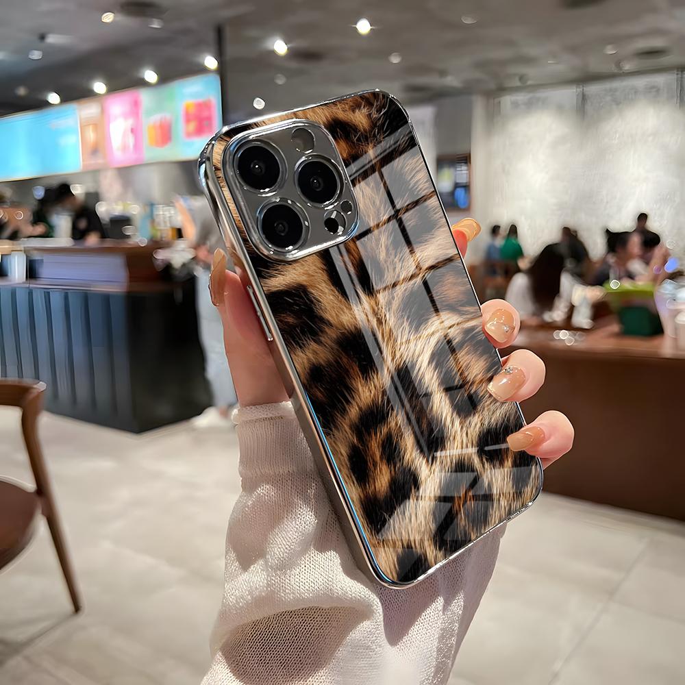 Luxurious Leopard Print Phone Case For IPhone 17 Pro Max 15 Pro 16 14 Plus 12 13 Mini 11 Pro Shockproof Electroplated Glass Cov