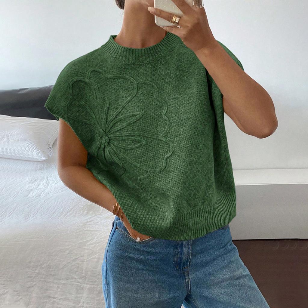 Damenweste Rundhals Bestickt Gestrickte Weste Modische Lagenlook Ärmelloser Pulloverweste Top