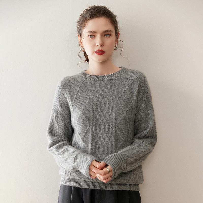 Efterår/Vinter 3D Diamant Flettet Cashmere Sweater - Dame Rund Hals, Langærmet, Ensfarvet, Varm & Komfortabel