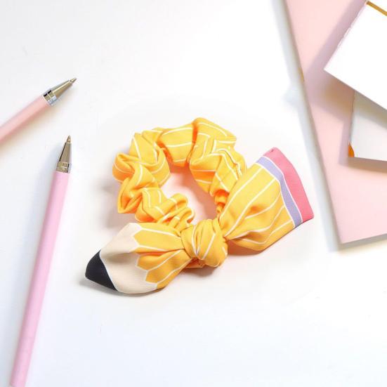 Women Hair Rope Yellow Striped Pencil Bowknot Decor Hair Tie
