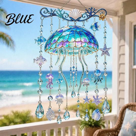 Coastal Balcony Decoration Ocean-Themed Crystal Wind Chime Stained Acrylic Jellyfish Seahorse Pufferfish Hanging Suncatcher Marine Ornaments