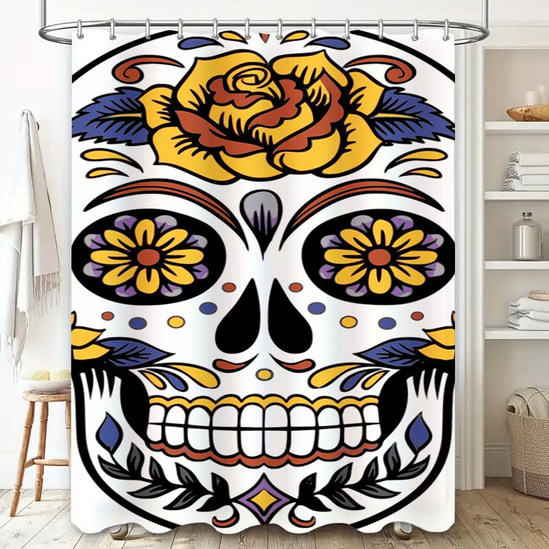 Skull Floral Bath Shower Curtain Decorative Black White Print 72 X 84 Inches High Quality Waterproof Fabric for Bathroom Decor
