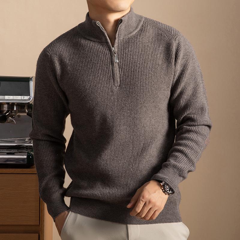 Men's 100% Wool High Collar Zipper Sweater - Thick, Warm Knitted Base Layer for Autumn/Winter