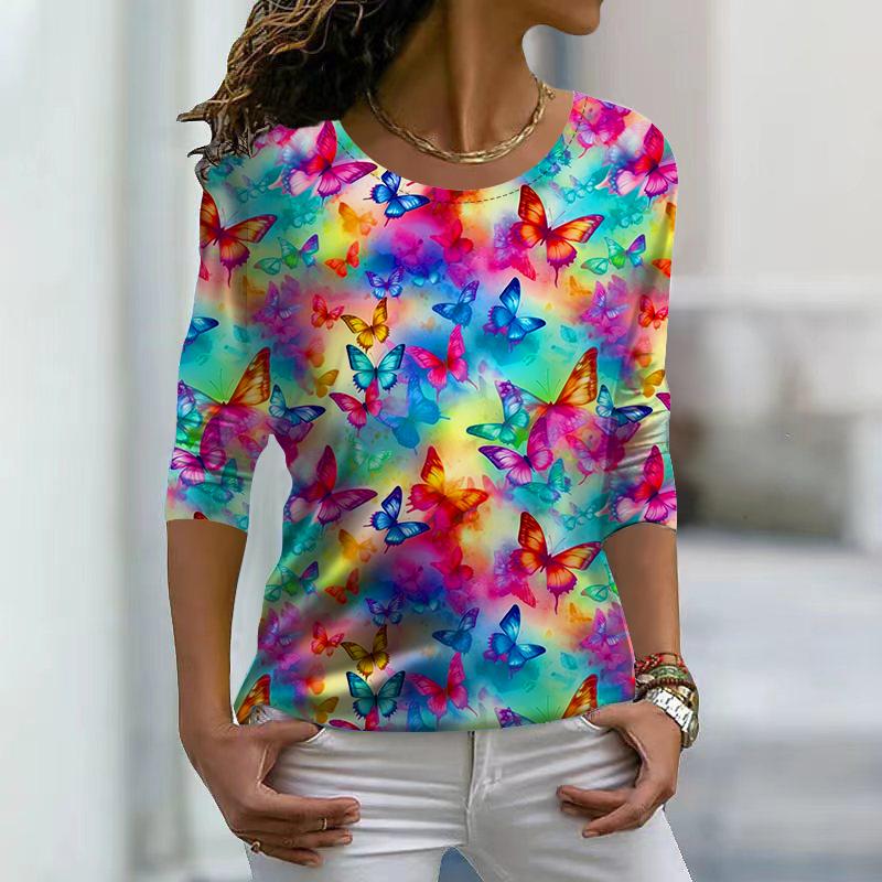 Women Autumn Tops Loose Blue Beautiful Butterfly Print Causal Long Sleeve T-shirt Top Blouse