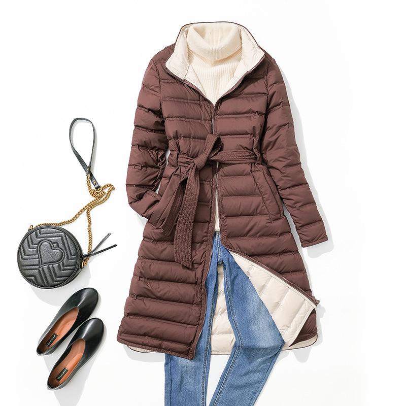 

Autumn and winter new light and thin down jacket women s long stand-up collar over the knee waist slim body contrasting seamless fabric XXL темно-коричневого кольору