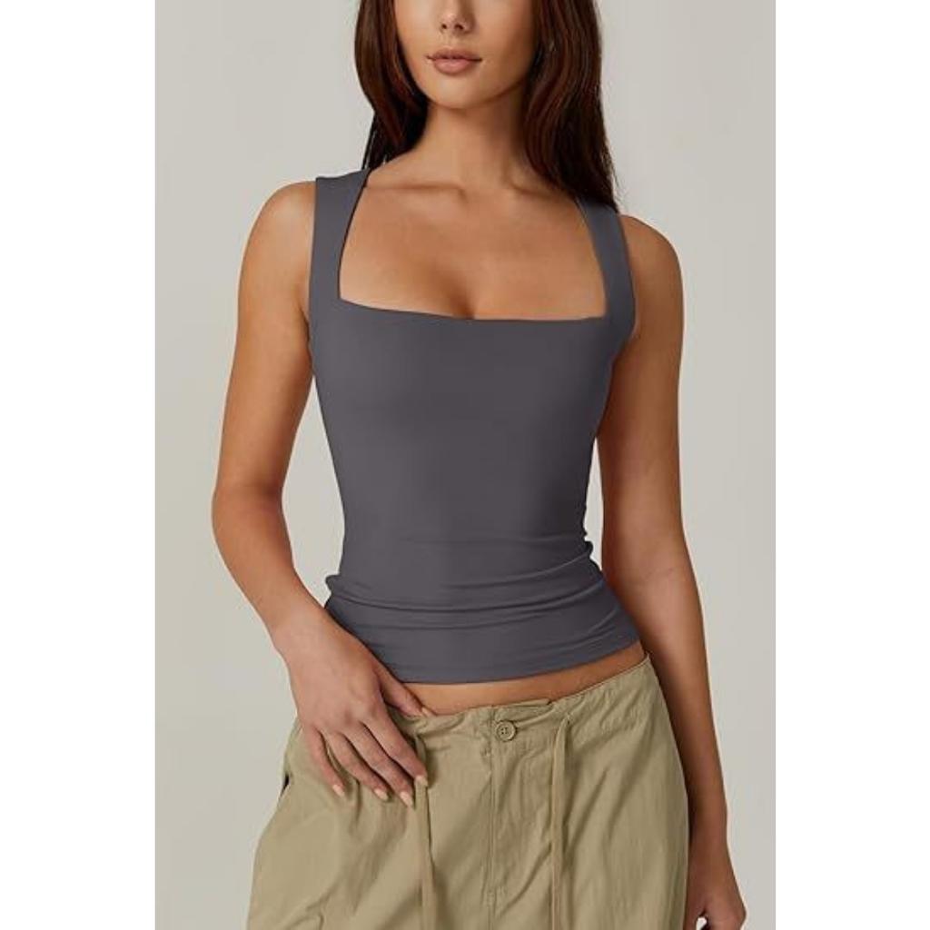 New Summer Women's Square Neck Sleeveless Double Layer Basic Slim Fit Tank Top Black