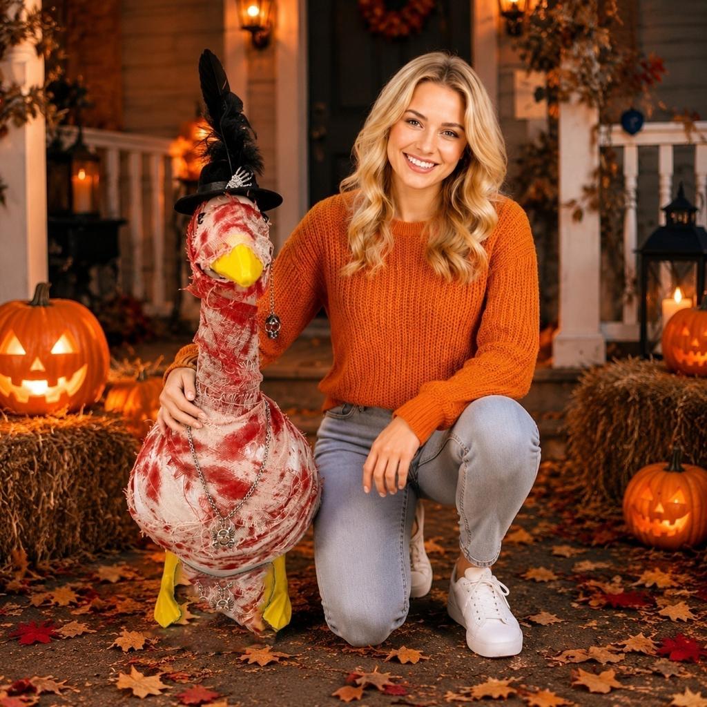 Porch Goose Costume Set with Hat Necklace Feather Accessories and Decorative Wrap for Holiday Seasonal Display