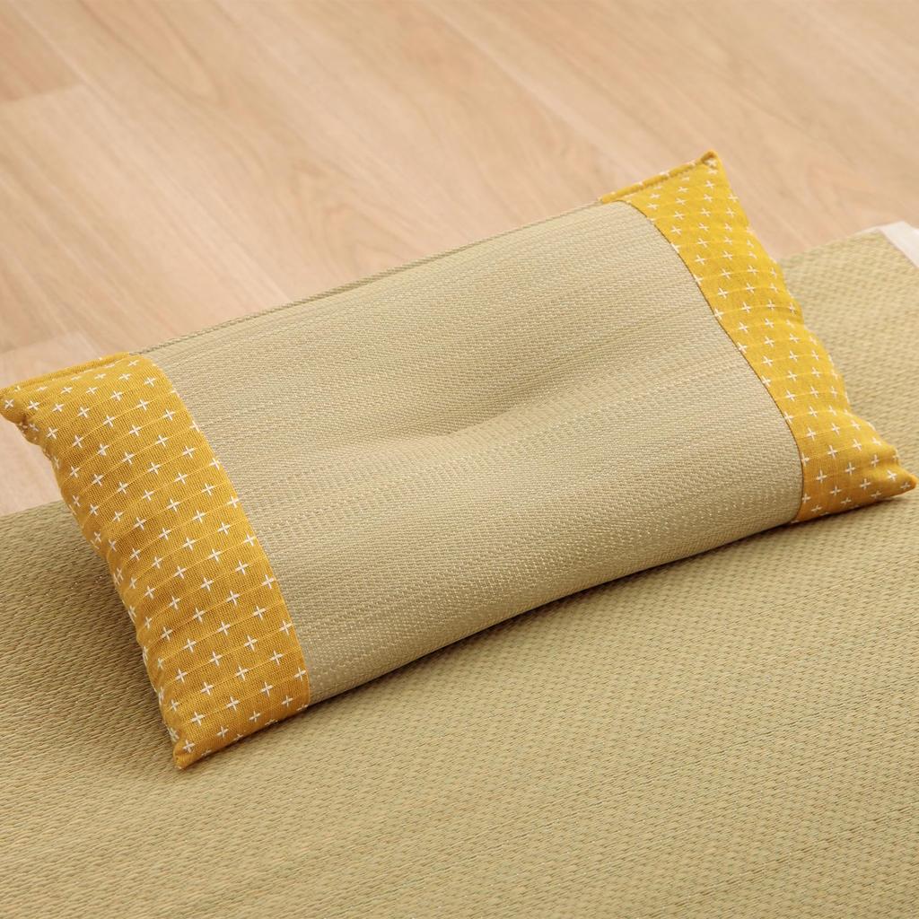 Ikehiko Igusa Pillow Japanese Flat Pillow Shiori Yellow Approximately 30 X 50cm Indian Cotton Sashiko Not Stuffy Simple Relaxing Effect Antibacterial
