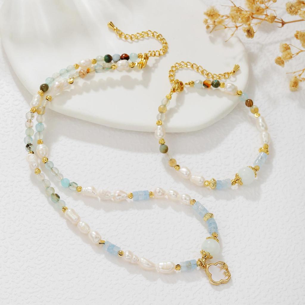 Collier Bracelet en Perles d'Aventurine Naturelle et de Perle