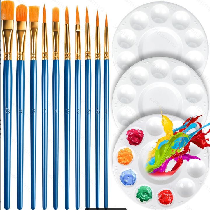 10-Piece Children's Paint Brush Set: Blue Handle Nylon Brushes for Acrylic, Watercolor, and Oil Painting