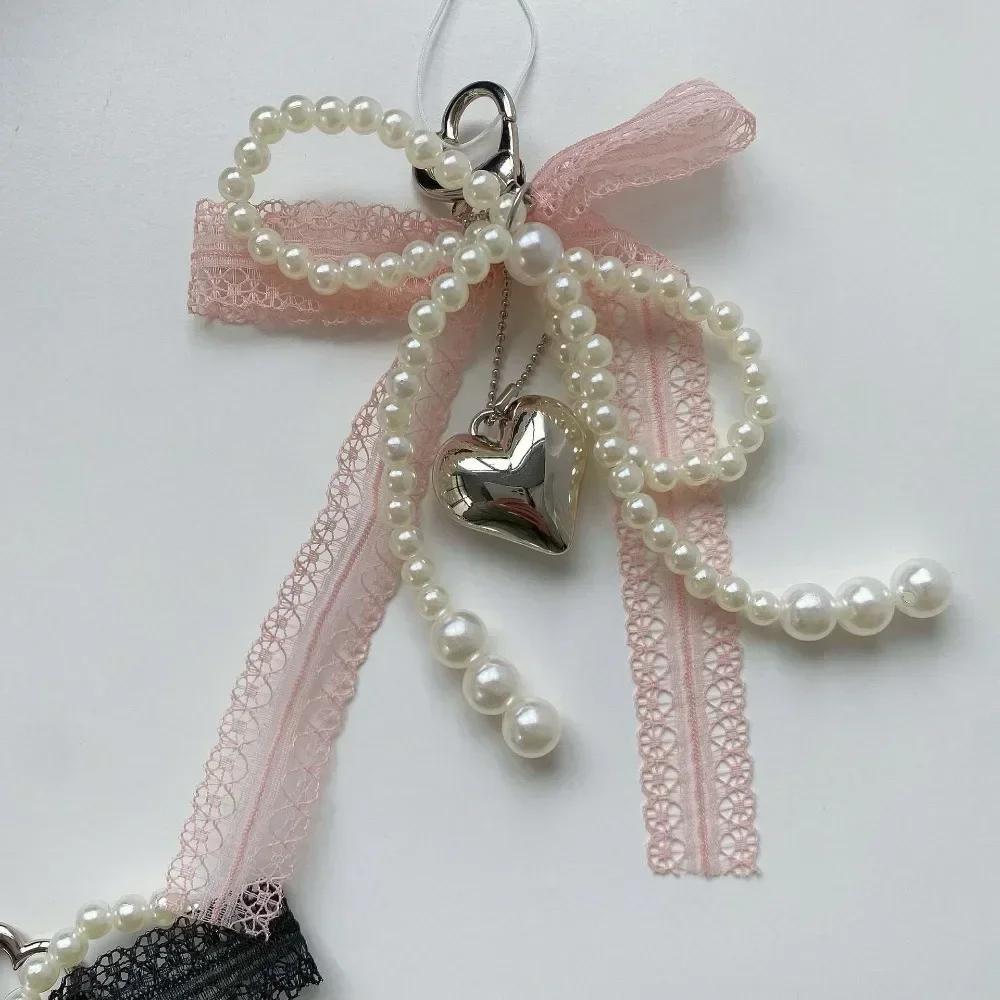 Korean Cute Lace Bow Pearl Beaded Phone Pendant Chain Accessories Aesthetic Ballet Shoes Camera Bag Decoration Keychain Gift