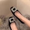 French black square head flats women's shoes 2025 autumn and summer new rhinestone high heels versatile temperament single shoes