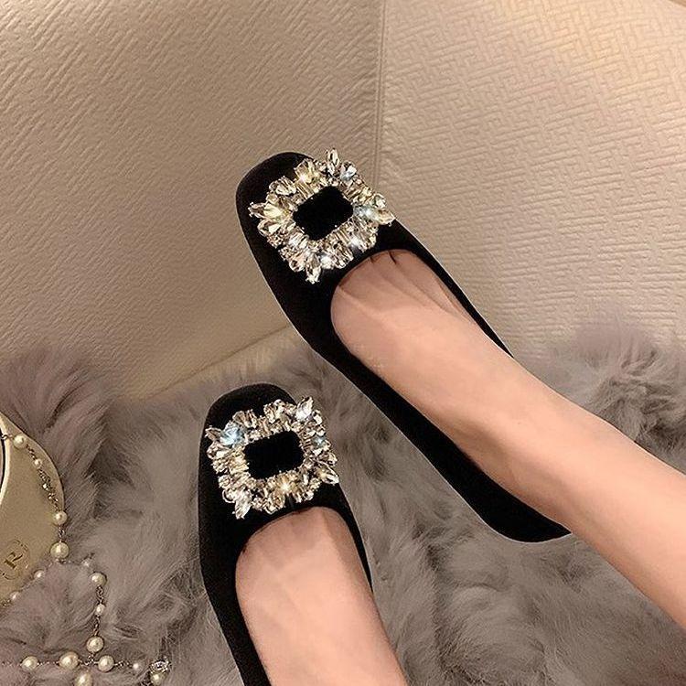 French black square head flats women's shoes 2025 autumn and summer new rhinestone high heels versatile temperament single shoes