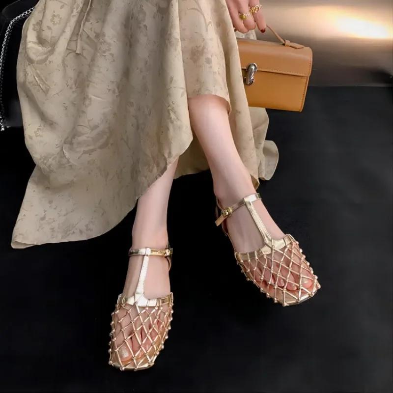 2026 Women Summer European and American Comfortable Leather Cowhide Hollow Bird's Nest Low Heel Baotou Large Size Roman Sandals