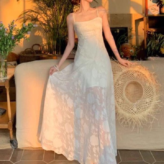 Women's Elegant Green Spaghetti Strap Waist-Cinching Mesh Dress - Summer 2026