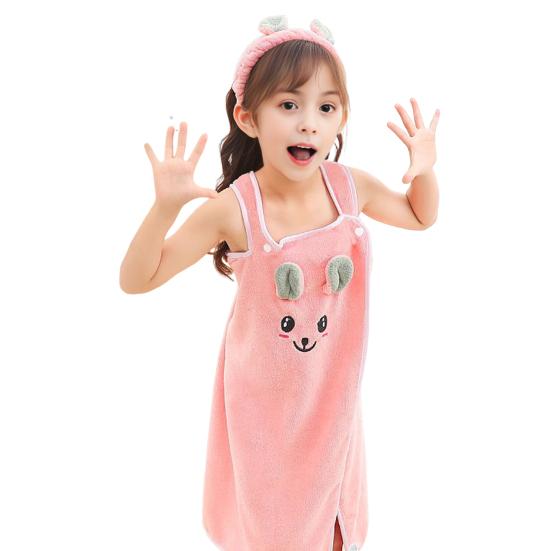 Kids Bath Skirt Rabbit Ear Absorbent Bath Towel Coral Velvet Dress Style Bath Wrap with Shoulder Straps for Beach Swimming Pool