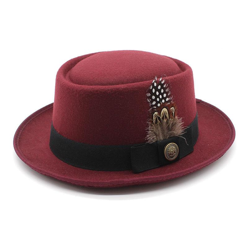 European and American new hats British retro fashion versatile jazz hats flat top tweed feather French gift