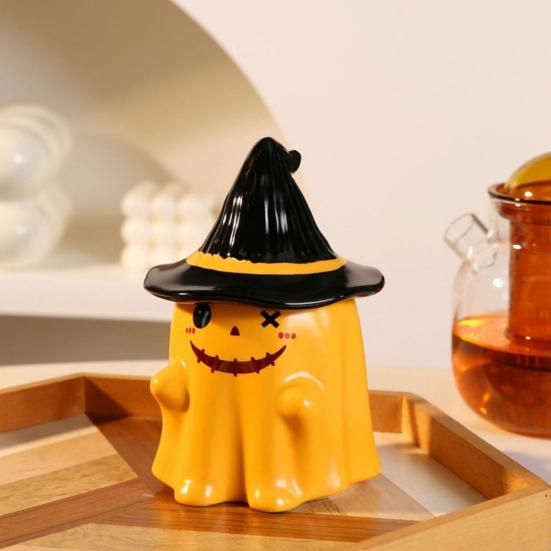 Ghost Pattern Ceramic Cup with Elf Hat Lid Halloween Theme Handmade Artwork Mug Daily Use Halloween Drinkware