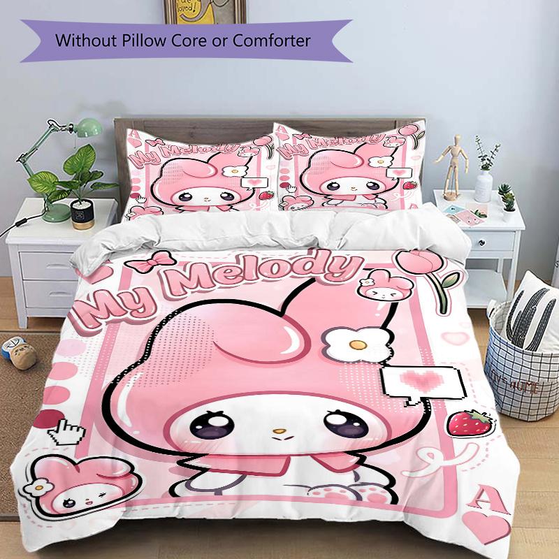 3pcs Pink Bunny My Melody Pattern Bedding Set, 1* Cover + 2*Pillowcases, Printed Bedding Set, Soft and Comfortable H085