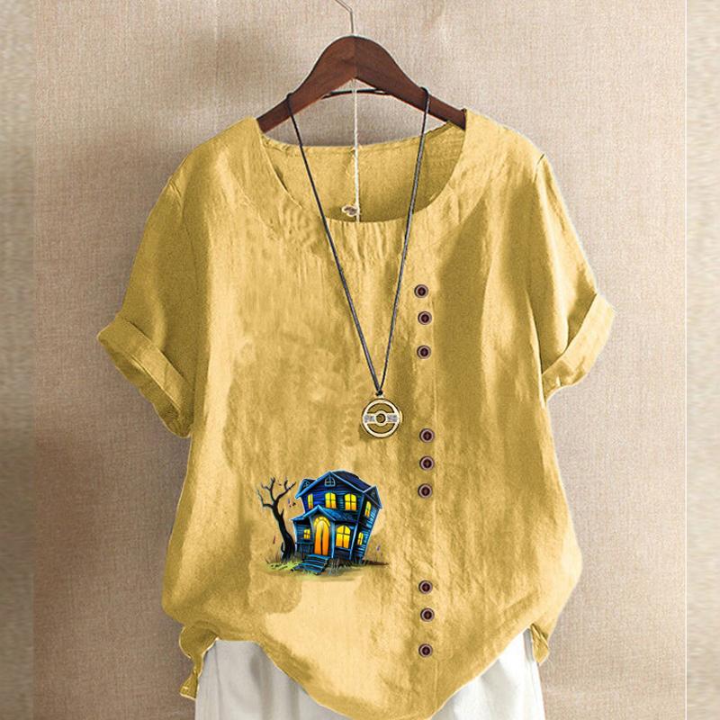 Women's Fashion Round Neck Short Sleeve T-shirt Casual Cotton Linen Graphic Shirt Leisure Loose Haunted House Prined Summer Blouse Tops
