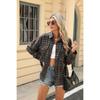 Women's Loose Long Sleeve Plaid Turn-down Collar Pocket Shirt  Autumn Winter New Arrival, Casual Blouse Top for Women, Ready to Ship