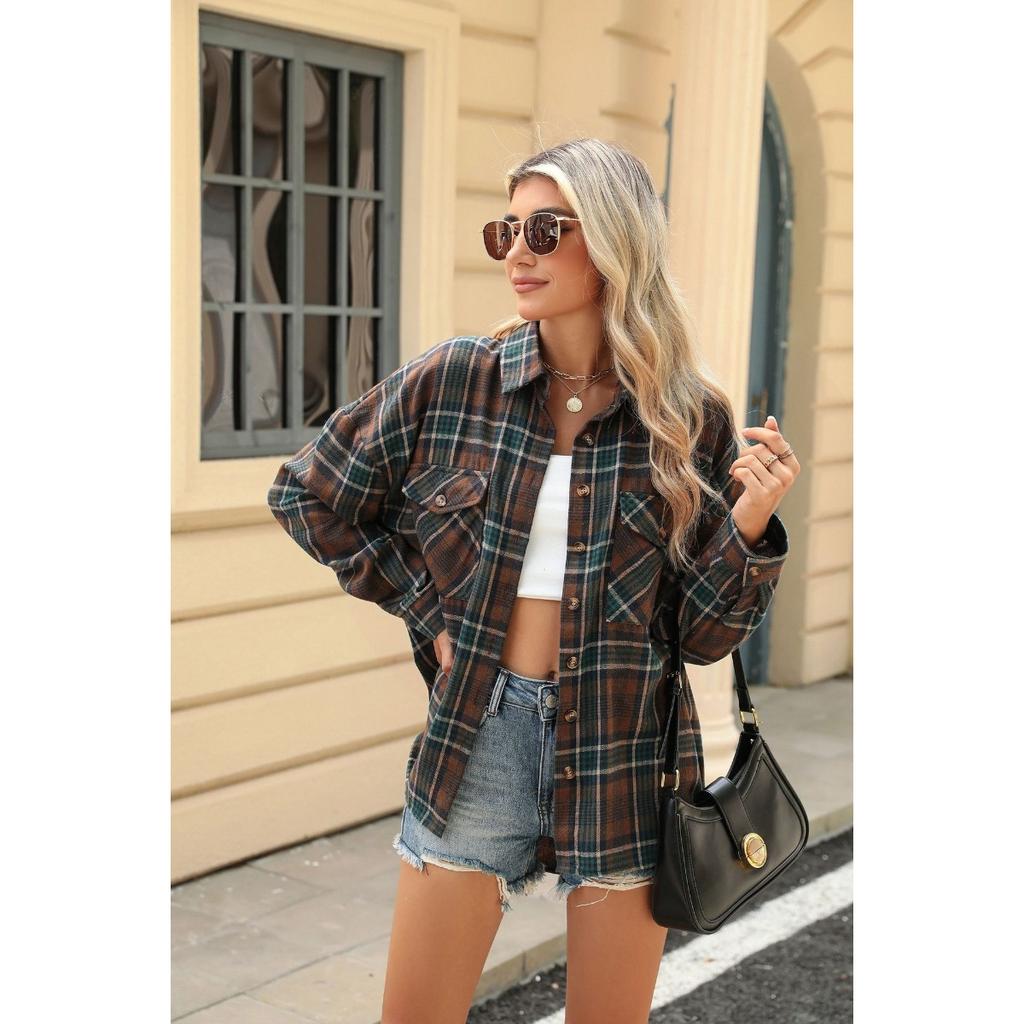 Women's Loose Long Sleeve Plaid Turn-down Collar Pocket Shirt  Autumn Winter New Arrival, Casual Blouse Top for Women, Ready to Ship