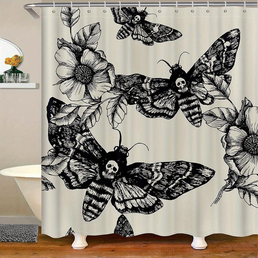Skull Bathroom Shower Curtain Decor, Death Moth And Flowers Bath Curtain Stalls Decor, Skeleton Bones Shower Curtain
