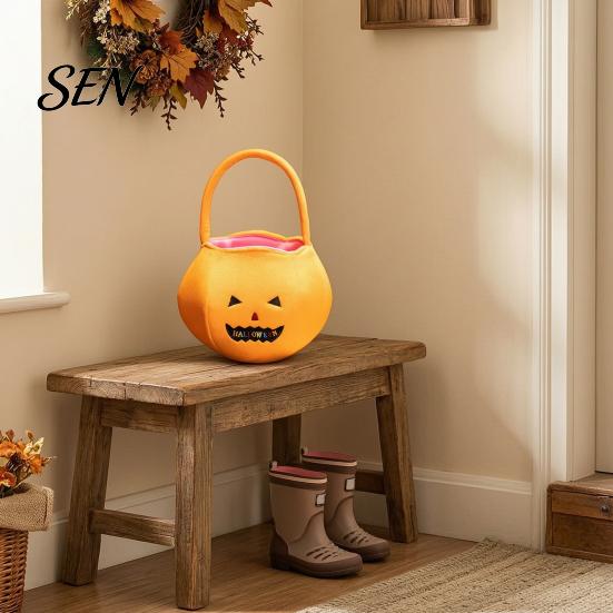 Kindergarten Party Supplies Halloween Pumpkin Candy Bags for Kids, Reusable Trick or Treat Holiday Carriers Bucket, Cute Handbag with Handle