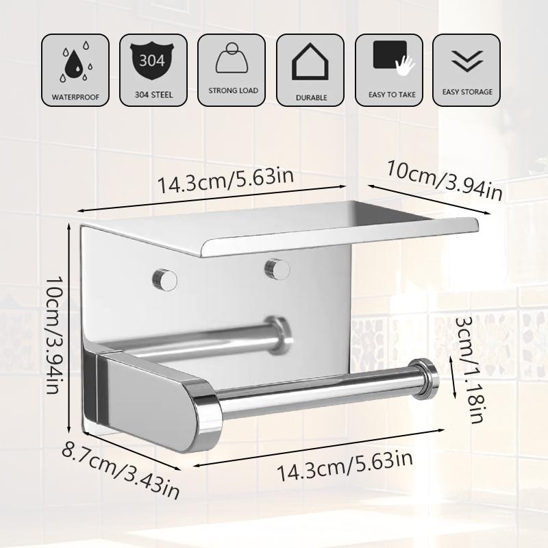 Stainless Steel No-Drill Bathroom Toilet Paper Holder with Phone Shelf - Wall-Mounted Space-Saving Design for Home WC & Restroom