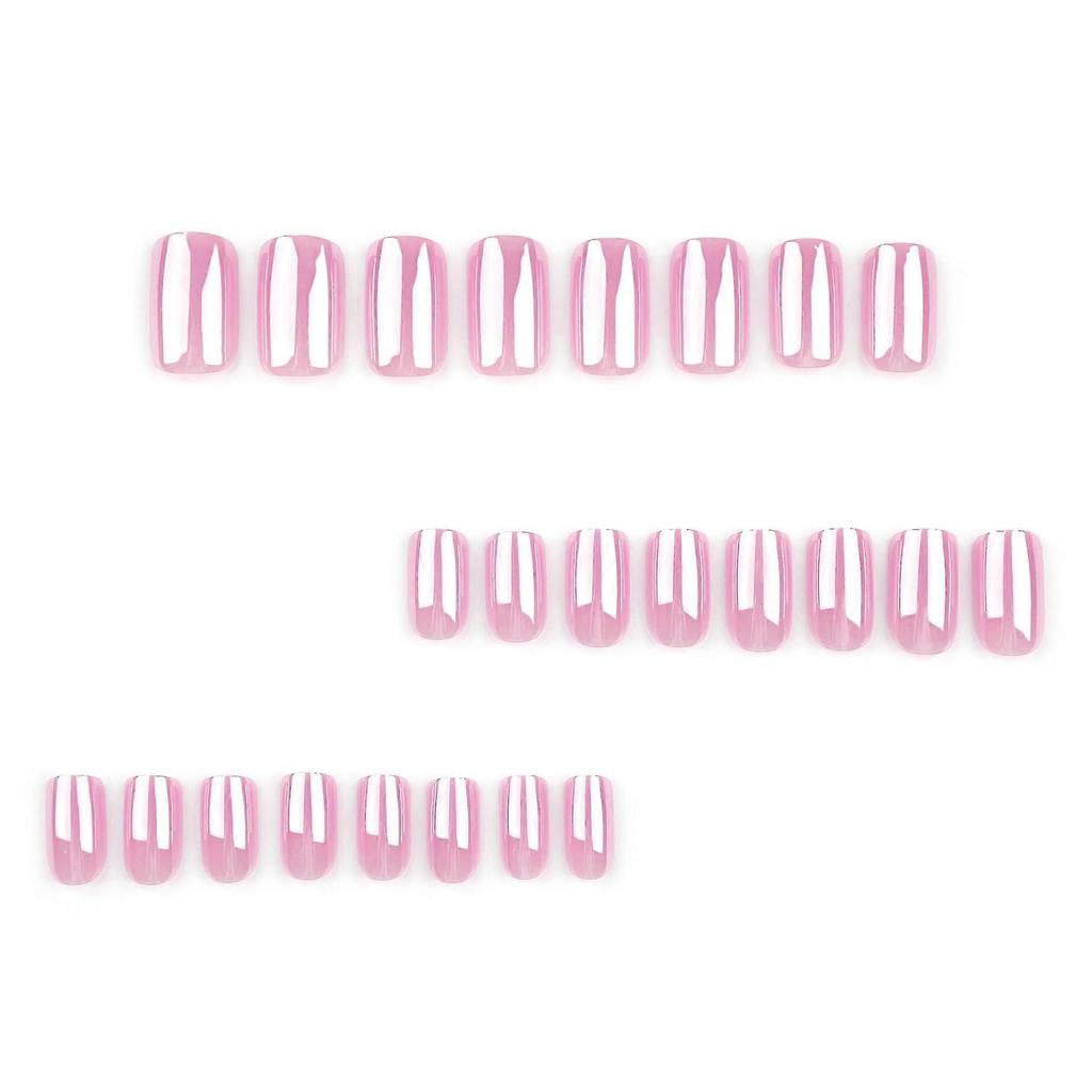 Short Square Pink Chrome Press On Nails with Glossy Gel Finish, Reusable Nude Fake Nails Set 24pcs