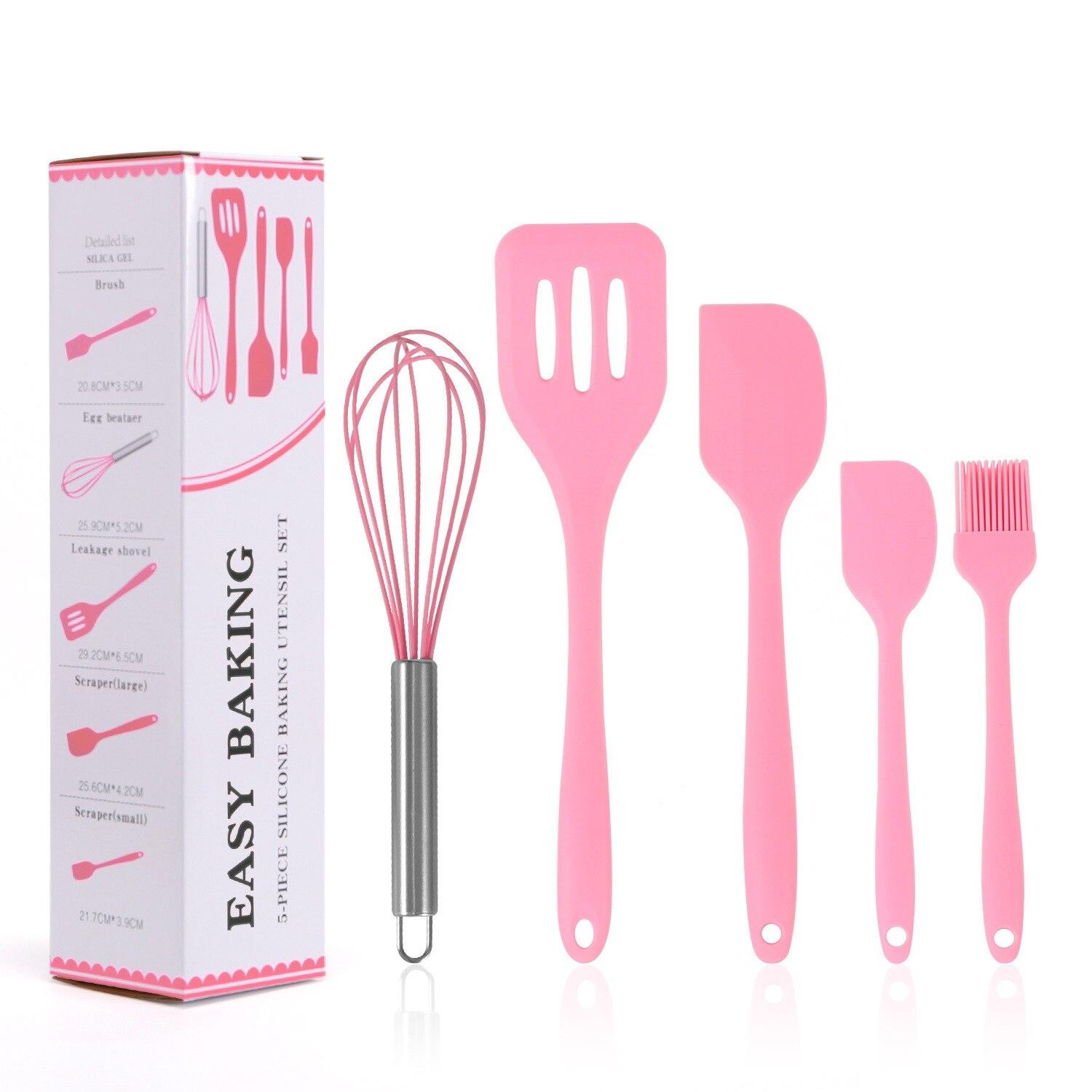 

5 шт./компл., набор кухонной утвари, силиконовая кухонная утварь, антипригарный набор кухонных инструментов, лопаточка для взбивания яиц, посуда, аксессуары для барбекю, инструменты розовый